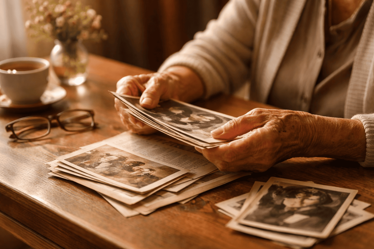 Familiare che raccoglie documenti per richiedere il risarcimento amianto dopo il decesso di un congiunto